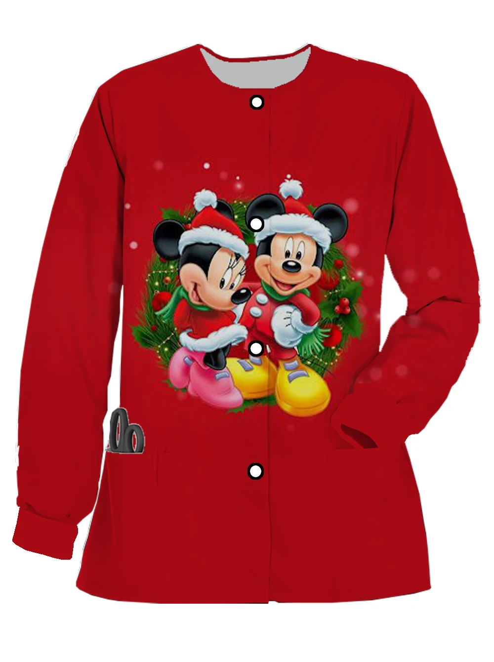 Women's long-sleeved button nurse uniform Disney Mickey print Christmas pet doctor work clothes spring and autumn pocket jacket