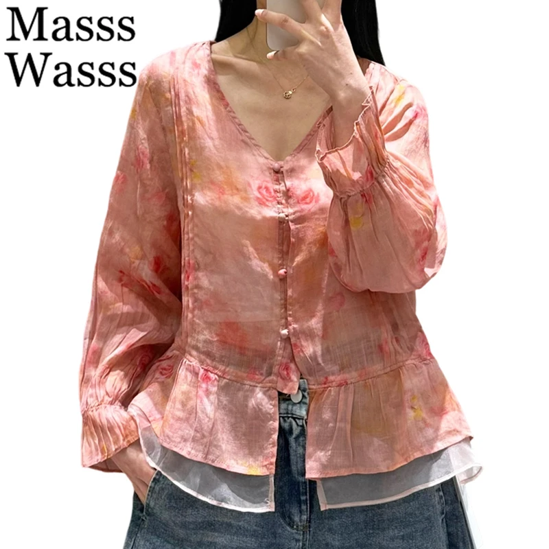 

Модные повседневные женские рубашки с V-образным вырезом Masss Wasss 2026: летние винтажные свободные льняные топы, классические роскошные блузки в британском стиле