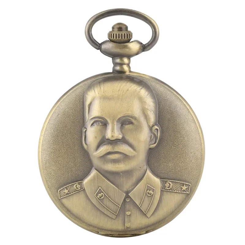 Vintage Stalin Pattern Pocket Watch Russian Leader Full Hunter Case Arabic Numeral Quartz Movement Sweater Chain Timepiece