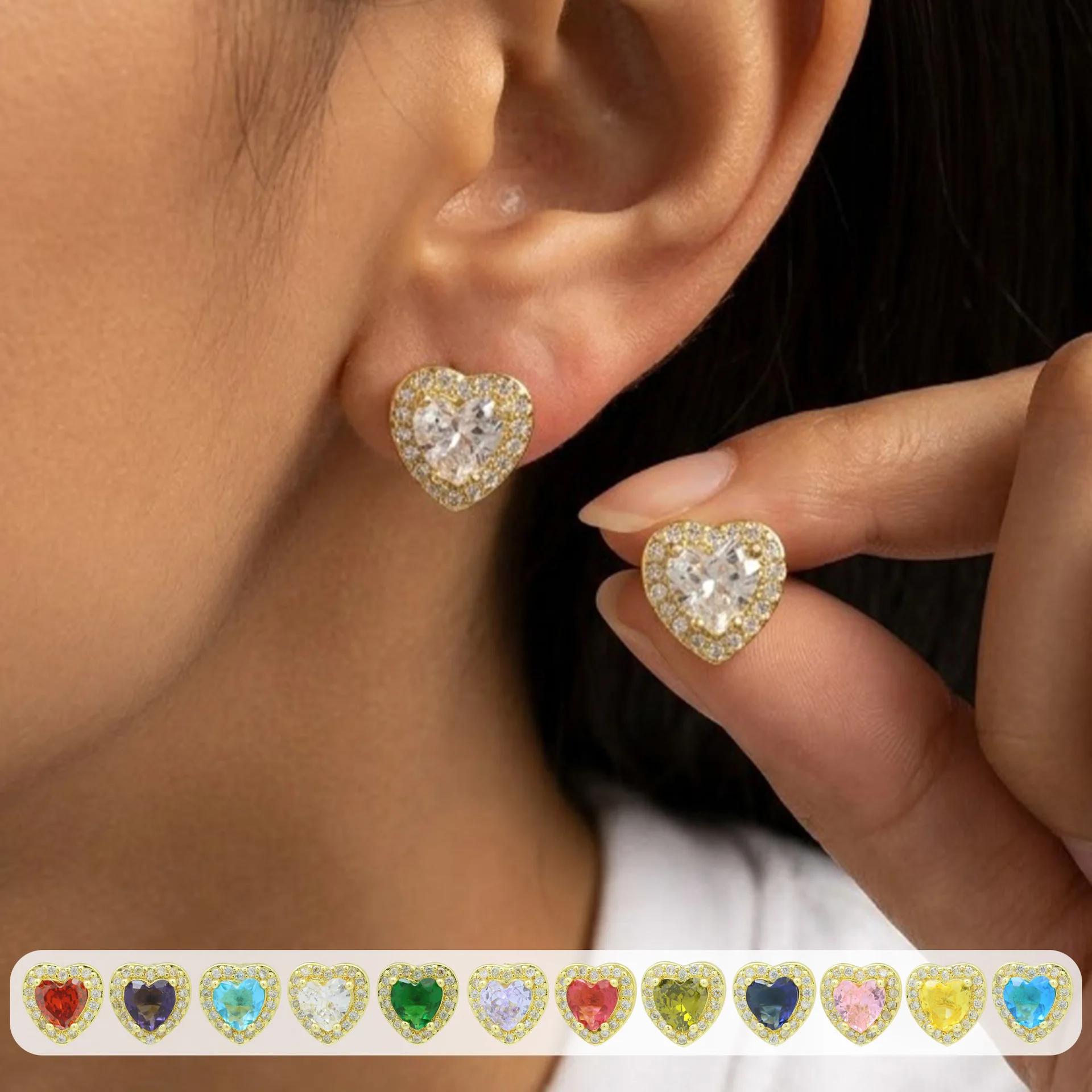 Geometrische Mehrfarbige Herz-Ohrstecker für Frauen Romantische Geburtsstein-Zirkon-Hochzeitsohrringe Ohrschmuck Accessoires Geschenke – Detail 1