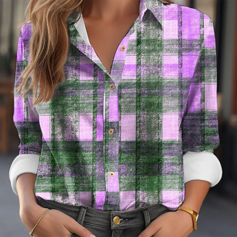 Damesoverhemden en blouses Modieus geruit knoopbedrukt Casual retro overhemd met lange mouwen Top Tee Dameskleding