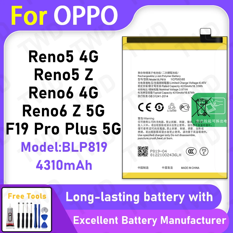 

100% New 4310mAh BLP819 Battery For OPPO Reno5 4G/Reno5 Z/Reno6 4G Battery Replacement Bateria+Free Tools