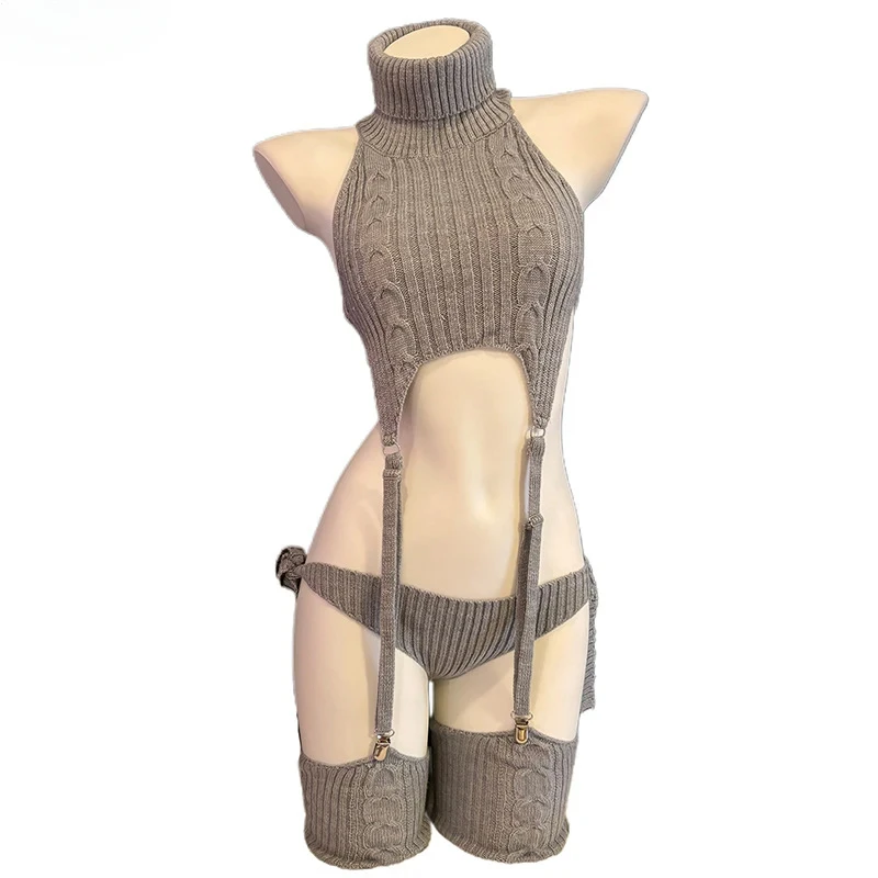 Women Cat Girl Anime Cosplay Costume - Gray Turtleneck Sweater Outfit Backless Knit Clothes with Garter Stocking 2026 view 2