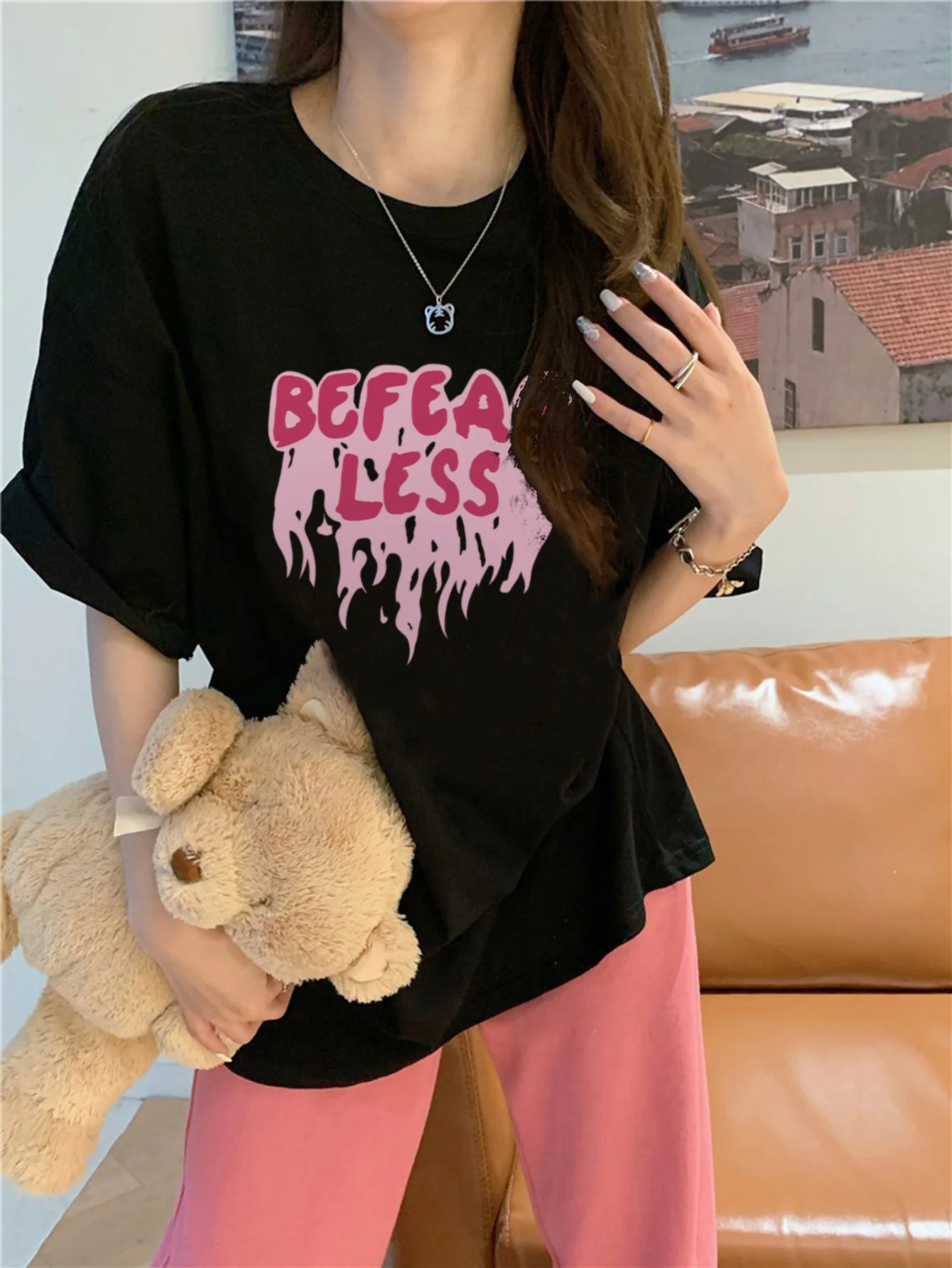 

Summer Short Sleeve Women Girls Black Top Letter Love Pattern Printed Casual Outdoor T-Shirt Aesthetic Clothes