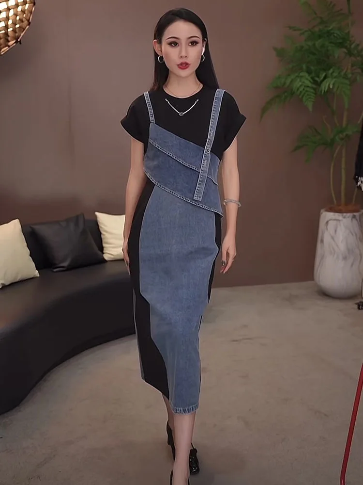 2024 Fake 2-Piece Stitching Denim Dress Women's Summer New Contrast Color Double-Layer Ruffled Slit Commuter Long Strap Frock