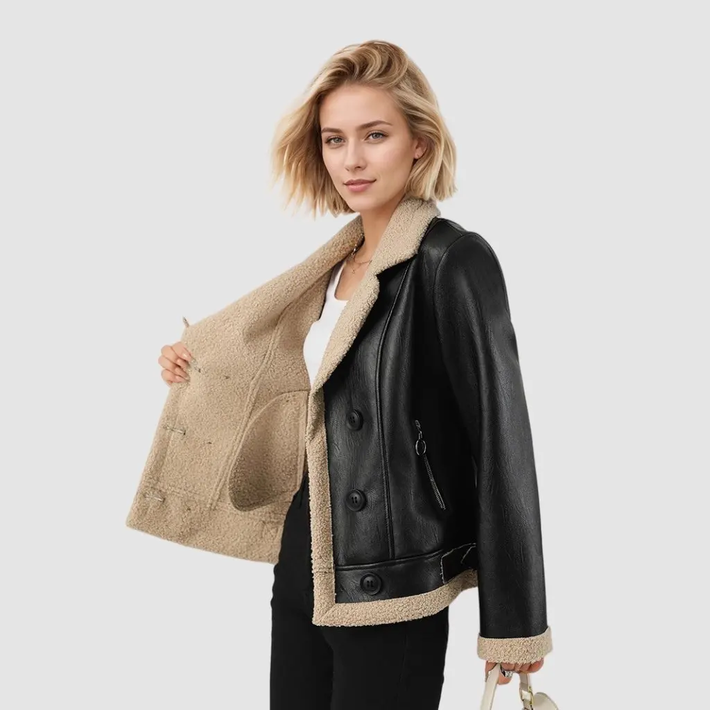 Women's Fleece-Lined Thick Leather Jacket -Inspired Turn-Down Collar Pu Leather Fur Integrated Custom-Made Outerwear