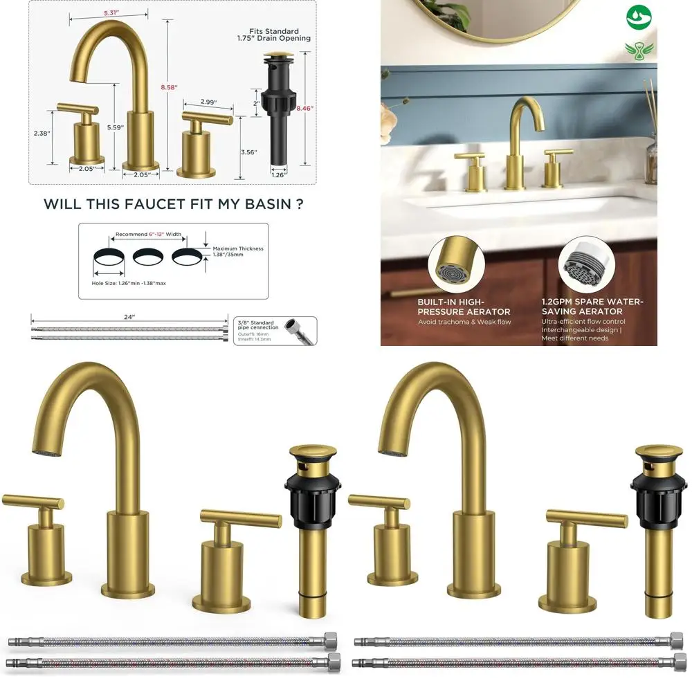 

3 Hole 2 Handle Brushed Gold Widespread Faucet with 360° Swivel Spout, Pop-Up Drain & cUPC Line for 6-12 Sinks
