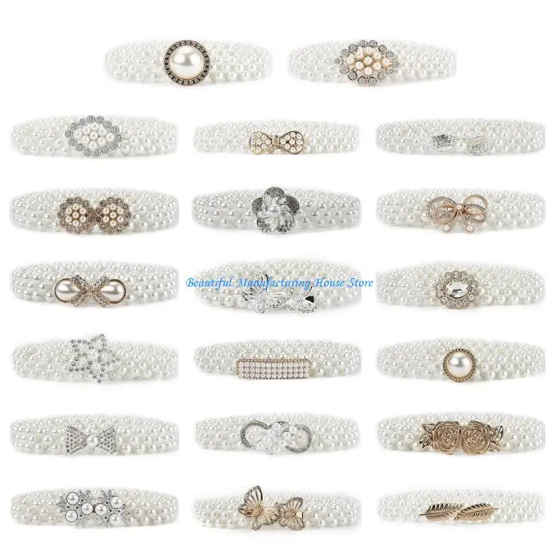 

E56A Elegant Adjustable Waist Accessory Elegant Pearls Waist Belt with Rhinestones Accent Stylish Waistband Adornment