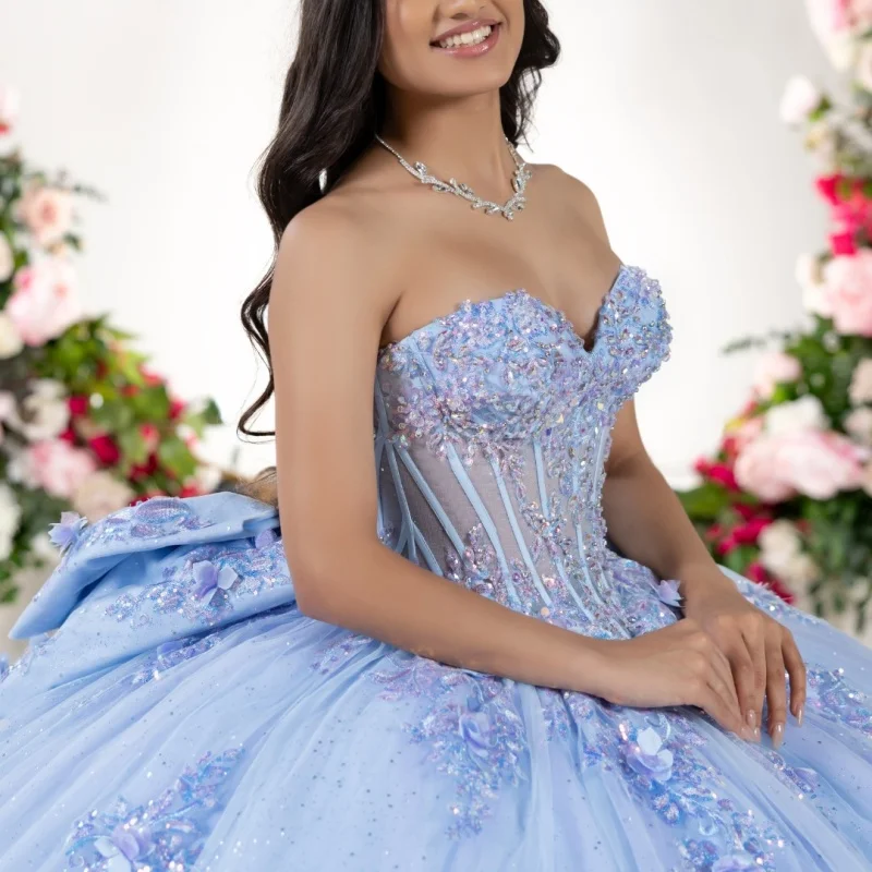 

Блестящее небесно-голубое платье Quinceanera с открытыми плечами, кружевное платье с кристаллами и 3D цветком, длинный хвост с бантом, платья de 15, Quinceanera ﻿ Настроить