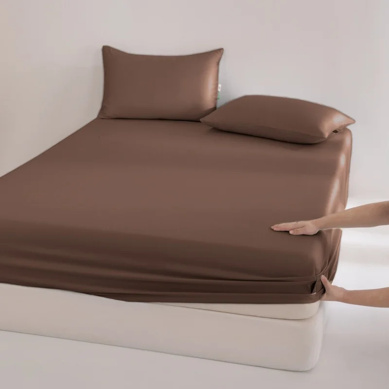 3pcs Fitted Sheet Set Solid Coffee Comfy Luxury Silky Mattress Cover with Pillowcase Deep Pocket Cooling Lyocell Fiber 152*203cm