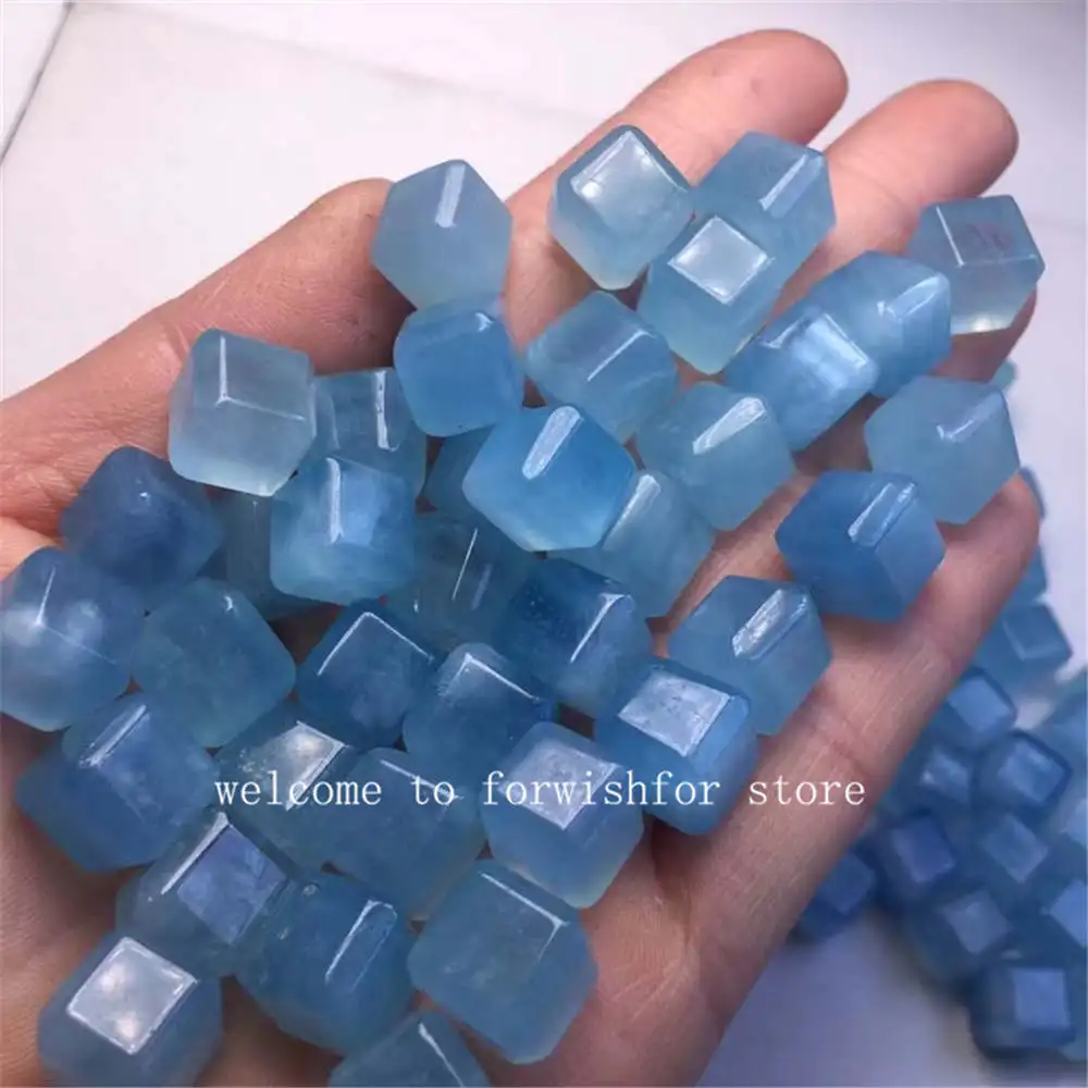 Natural Crystal Carving Aquamarine Gem Square Shape Ornament Healing Stone Reiki Spirit Stone Garden Living Room Decoration