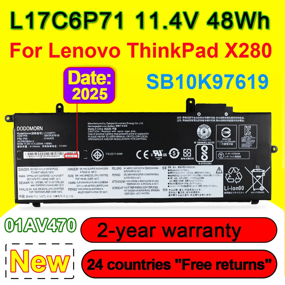 

L17C6P71 Battery For Lenovo ThinkPad X280 Laptop Batteries 01AV470 01AV471 01AV472 L17M6P71 L17L6P71 SB10K97619 11.4V 48Wh
