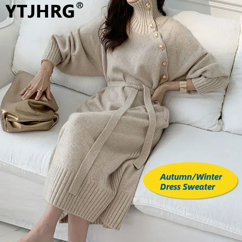 YTJHRG Dresses for Women Turtleneck Sweaters Female Clothing Long Sleeves Belt Pullovers Button Skirts 2024 New Autumn Winter