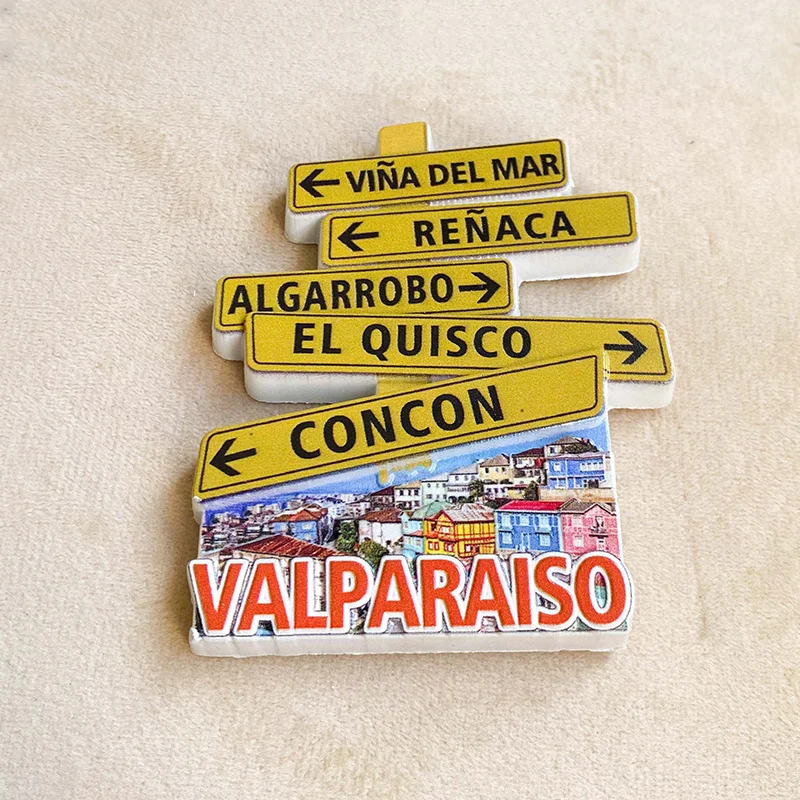مغناطيس ثلاجة راتينج ثلاثي الأبعاد من Valparaiso تشيلي - مغناطيس زخرفي لطيف مع علامات الشارع مثل Viña del Mar & Concon للثلاجة
