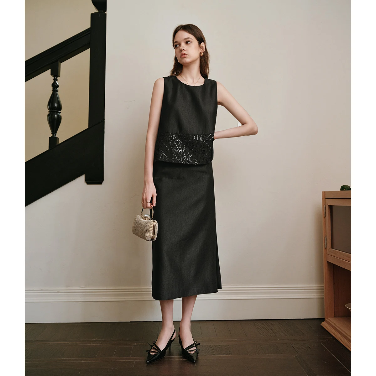 OLrain 2 Piece High-end Sequins Black Skirt Sets Woman 2025 Summer Elegant Outfits Tank Top Split Skirt Ladies Suit O57XE98896
