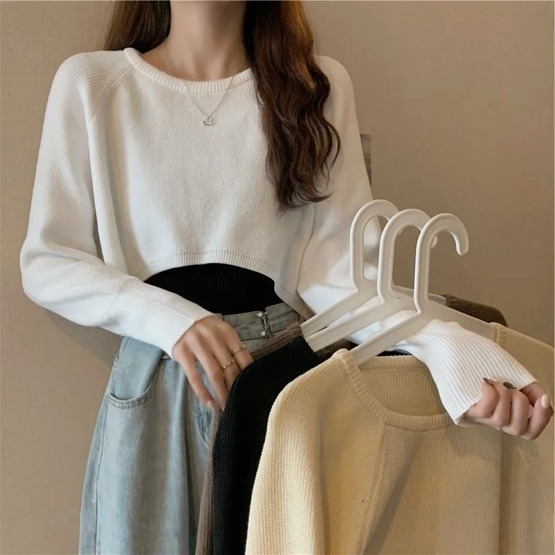 Winter Thin Knitted Sweater Women's Loose Long Sleeve Short Outerwear Overlap Trendy Pullover Polyester Fabric Casual Style