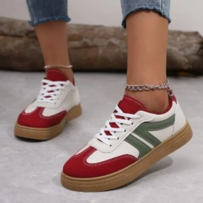Shoes Female 2024 Lace Up Women's Vulcanize Shoes Plus Size Women Sneakers Mixed Colors Round Toe Flat with Ladies Casual Shoes image 4