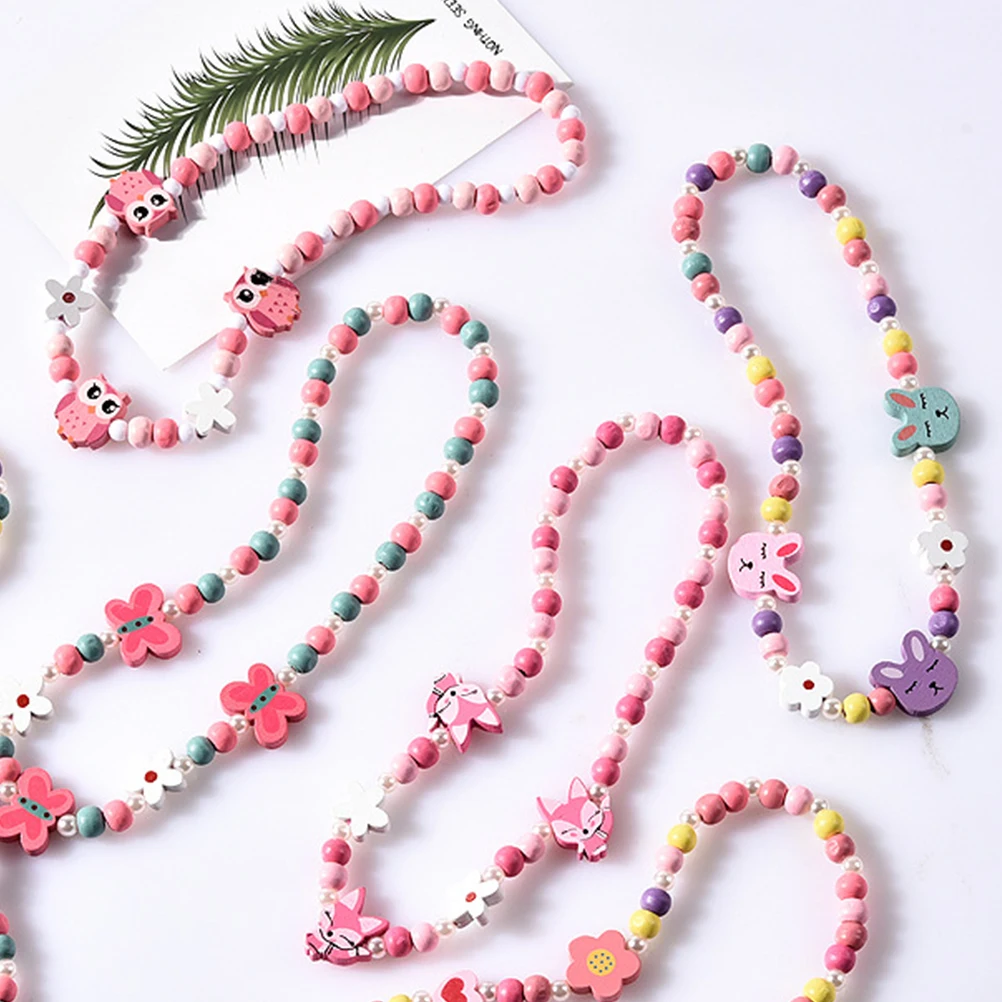 

Children's Wooden Bracelet Necklace Colorful Jewelry Set and Cartoon Beaded Creative Design Bamboo Kids