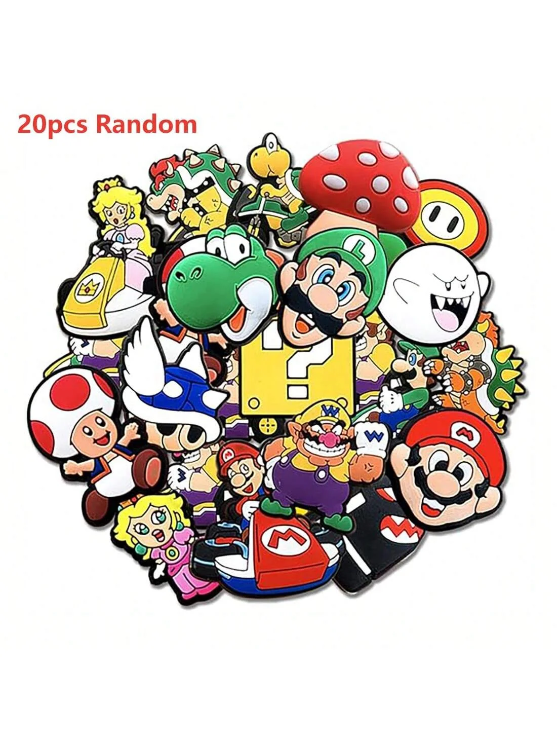 MESUCA 20/30 Stück süßes Mario-Schuhanhänger-Set für Clogs, Taschen, Blasen-Slides, Sandalen, PVC-Schuhdekorationen, Strandtaschen-Zubehör