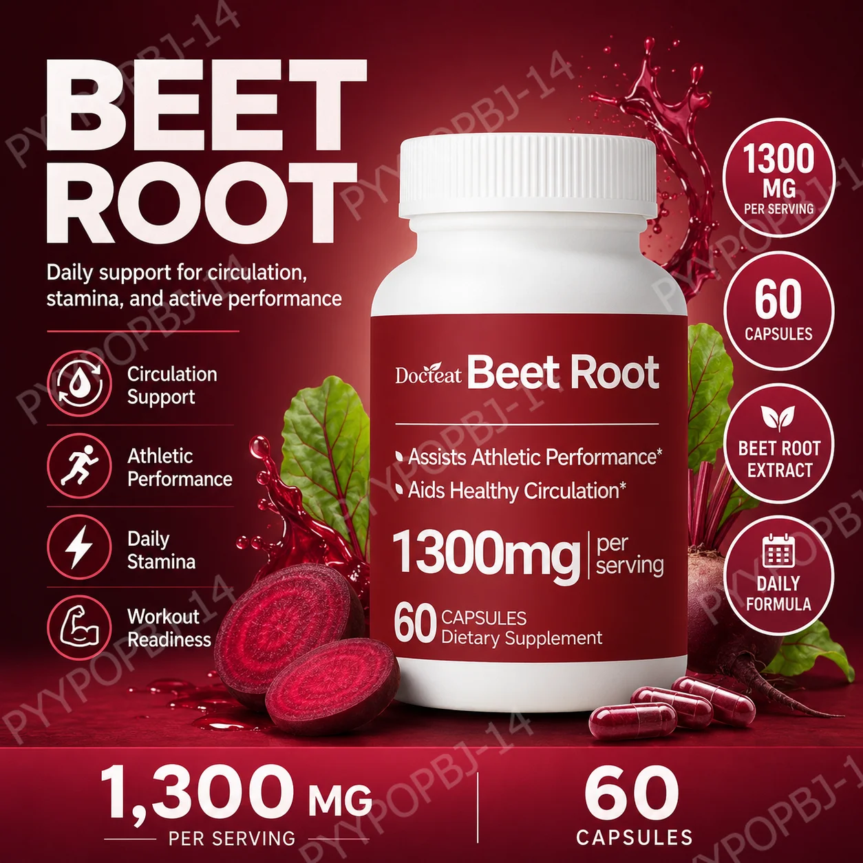 Docteat Beetroot Powder Capsules 1300mg Per Serving Easy-to-Take Supports Circulation and Athletic Performance 60 Capsules