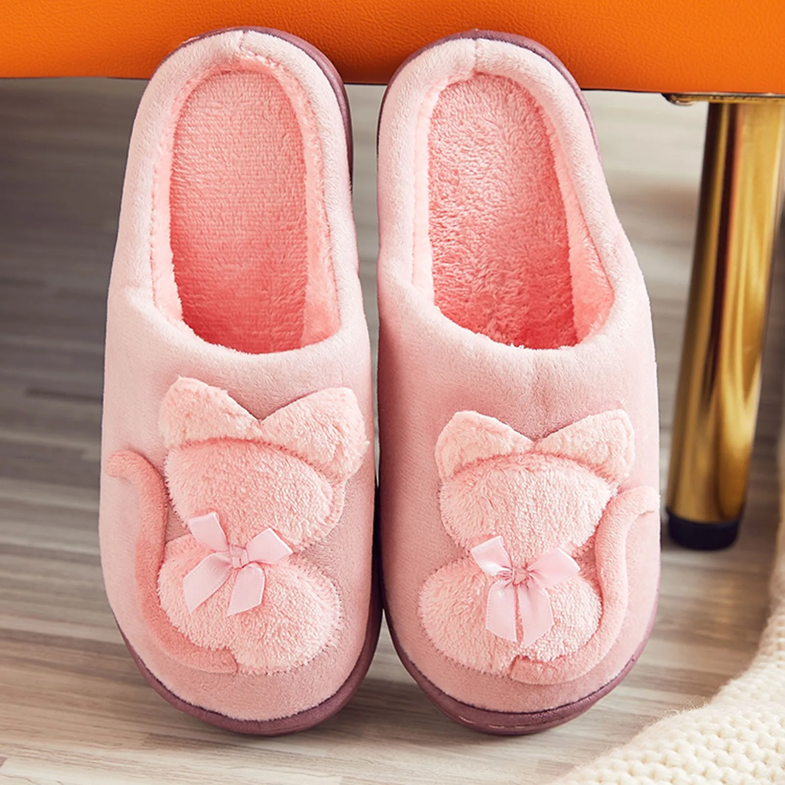 Women Cotton Slippers Cute Cat Slippers Ladies Thick Sole Solid Indoor Shoes Autumn Winter Home Slippers Warm Leisure Shoes