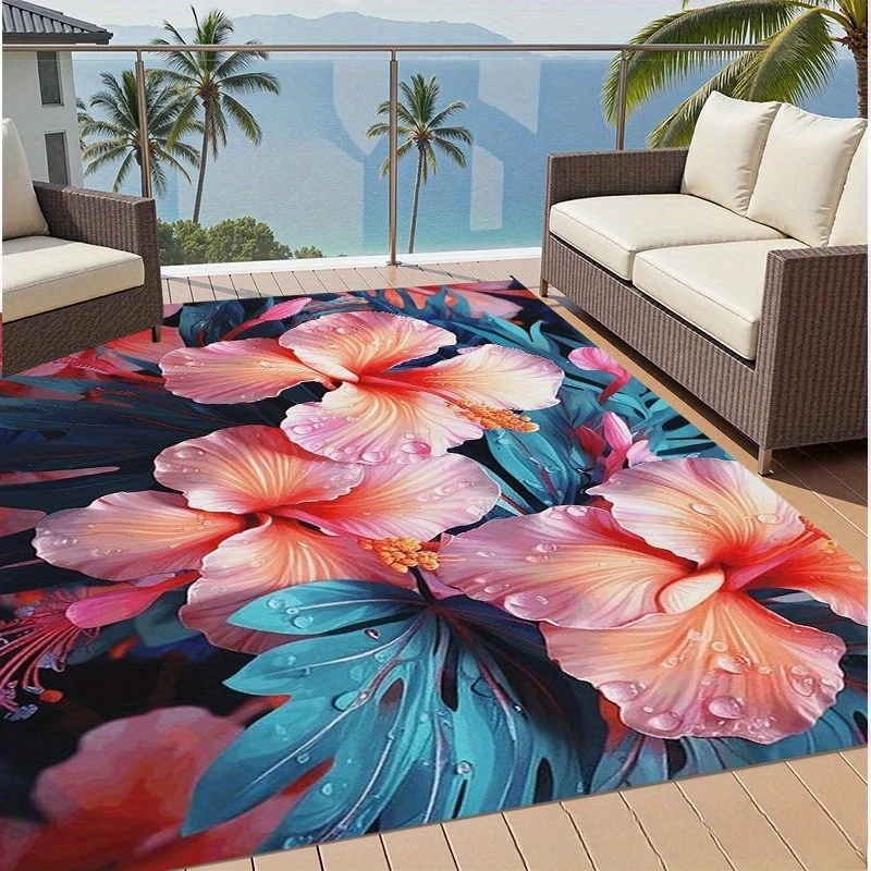 Exotic Tropical Floor Rug Vibrant Hibiscus Hawaii Flower Foliage Stylish Decor Area Rug for Indoor Living Space Home Ornament