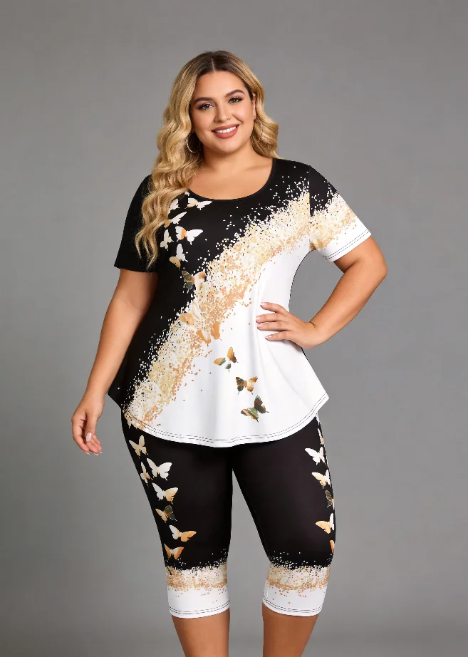 Butterfly Print Two-Piece Set plus Size Ultra Soft Casual Outfit with Top And Seven-Length Pants for Comfortable Wear
