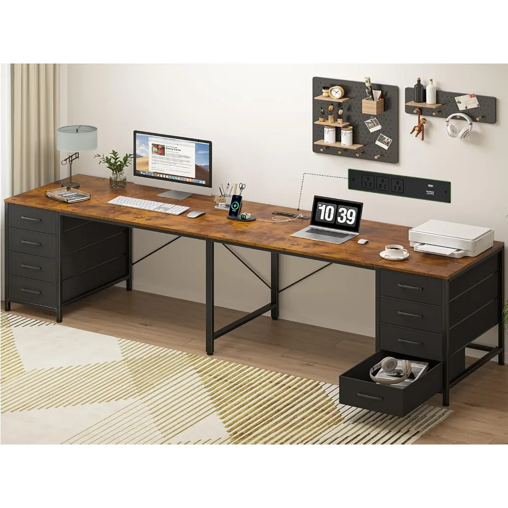 

2-person office desk with 8 drawers, large writing home desk with socket, I-shaped workstation with double drawer accordion