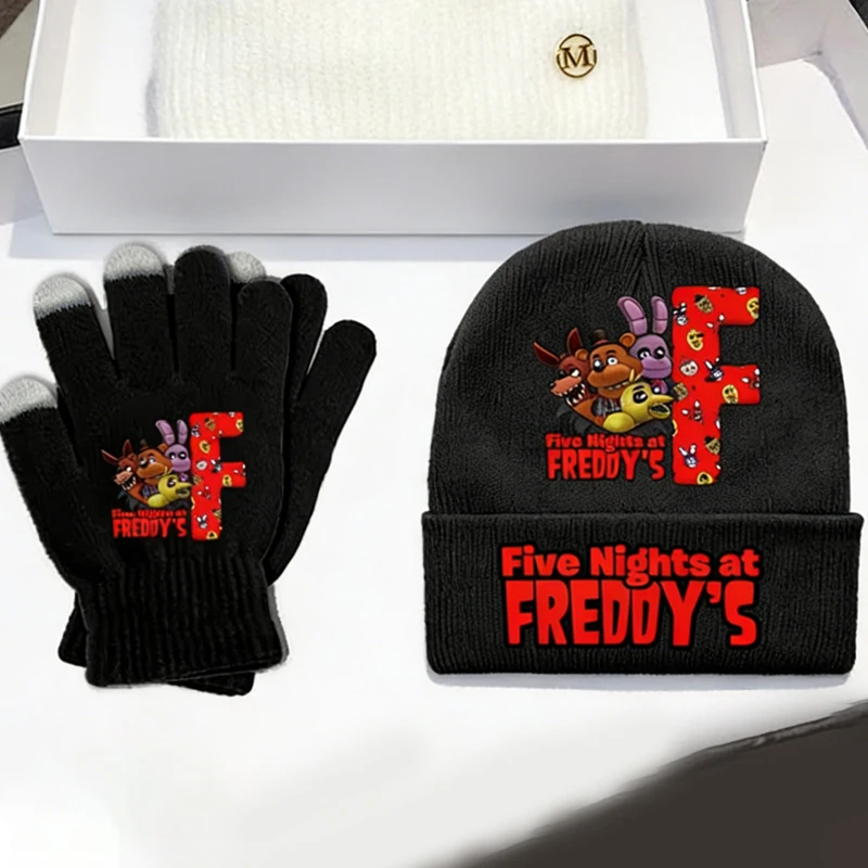 

Детские шапочки Five Night's At Freddy, перчатки, комплект из 2 предметов, вязаные шапки с буквами аниме A-Z для мальчиков и девочек, зимние теплые варежки, вязаные шапки