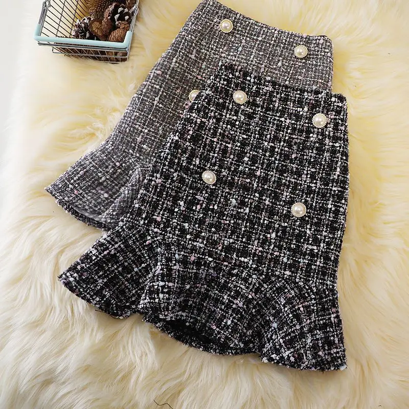 

Small fragrance plaid skirt women's autumn and winter new woolen fishtail skirt fashion casual tweed skirt bag hip skirt.