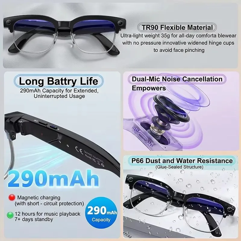 2026년형 새로운 8MP 초광각 HD 카메라 스마트 안경 비디오 녹화 4GB AI 사진 인식 BT 통화 번역 음성 스마트 안경