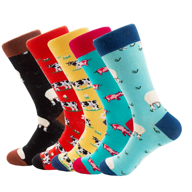 

5 Pairs Men Happy Socks Colorful Cotton High Quality Farm Animal Cattle Sheep Pig Women's Cute Funny Crew socks Gift Sock