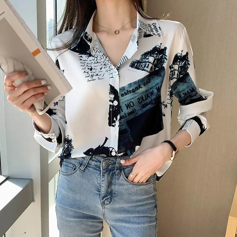 Mode Vrouwen Kleding 2022 Lente Herfst Polo-Hals Retro Hong Kong Smaak Brief Print Lange Mouwen Casual Button Chiffon shirt