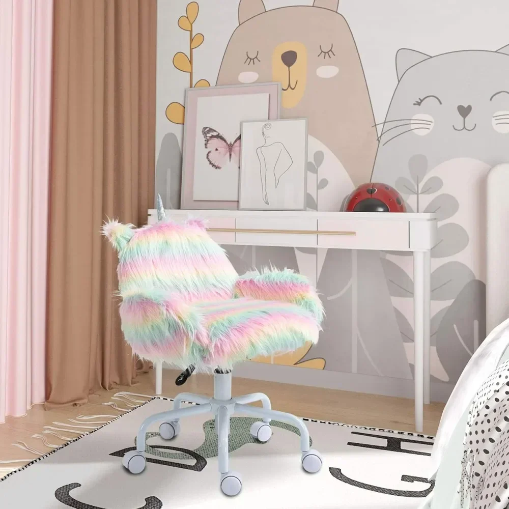 office chair.Fluffy Unicorn Office Chair with Mid-Back and Armrest Support, 5 Star Swivel Wheel White Base, Rainbow