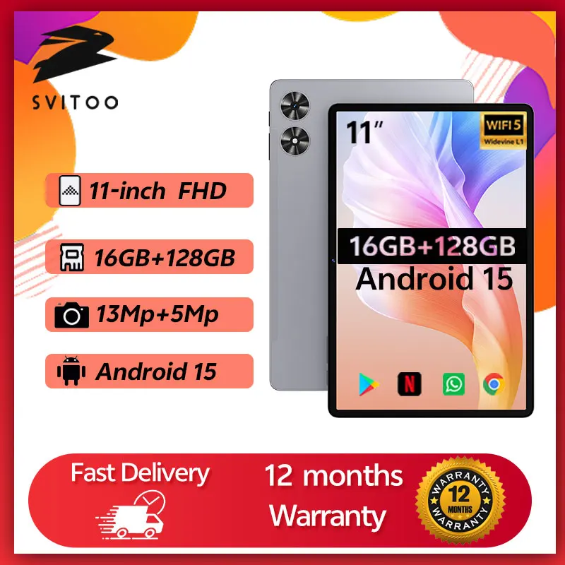 تابلت SVITOO مقاس 11 بوصة يعمل بنظام أندرويد 2025 وذاكرة وصول عشوائي 16 جيجابايت وذاكرة قراءة فقط 128 جيجابايت وثماني النواة T606 وبطارية 8000 مللي أمبير في الساعة من النوع C Widevine L1 أندرويد