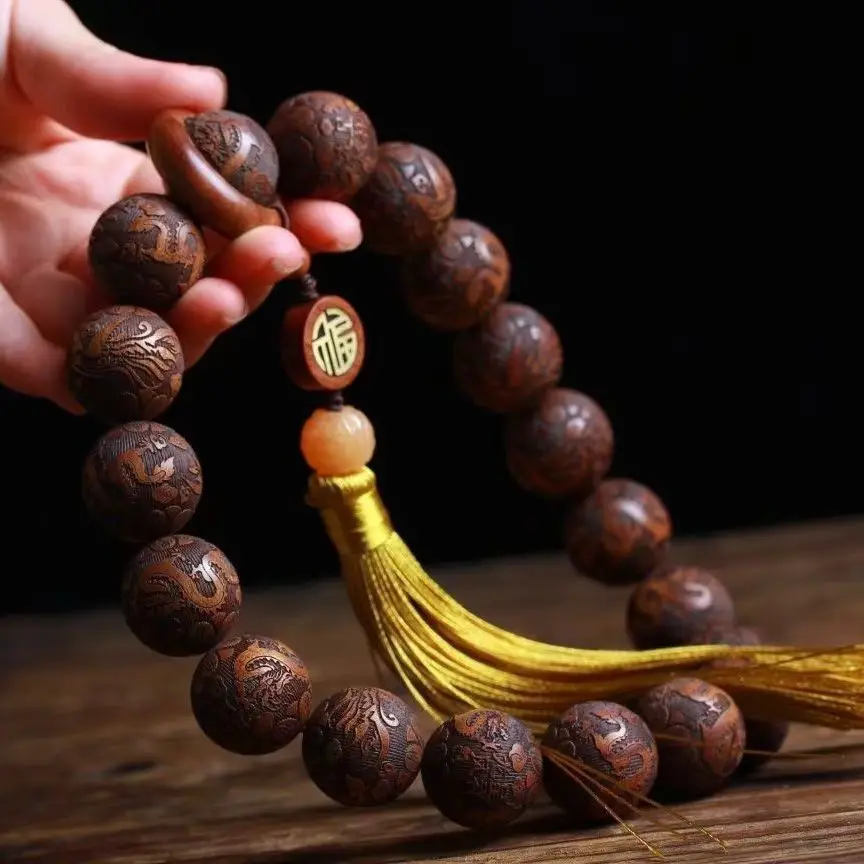 Natural Myanmar Yellow Pear Bracelet Pterocarpus Macrocarpus Bracelet Wooden Cultural Artifact Wood Buddha Rosary Prayer