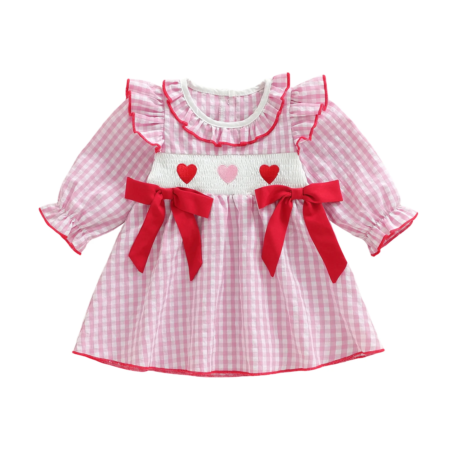 Little Girls Valentine s Day Dress Long Sleeve Ruffled Round Neck Embroidery Plaid A-line Dress 6m-4t