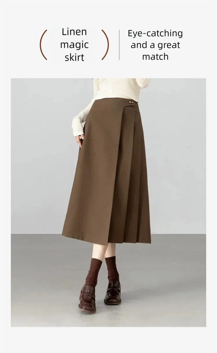 SENTUBILA Midi-Rock für Damen 2026 Frühling Neu Asymmetrischer A-Linien-Hochtaillenrock aus Leinen mit Falten Elegante Damenbekleidung 161QA5898 – Detail 4