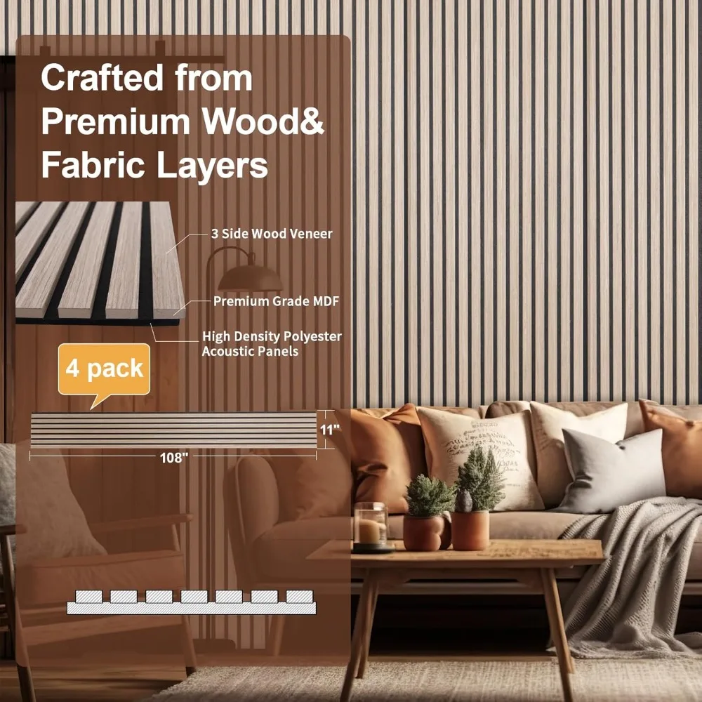 Деревянные панели для стены и потолка — 108 x 11 дюймов Акустические панели с деревянными планками, 4 шт. — Современные звукопоглощающие стеновые панели