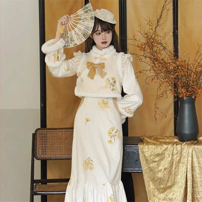 Qipao Weste Set im chinesischen Stil Winter warm verdickt Samt Ginkgo blatt gedruckt Lolita Kleid Set ethnischen Stil Plüsch Cheong sam Anzug