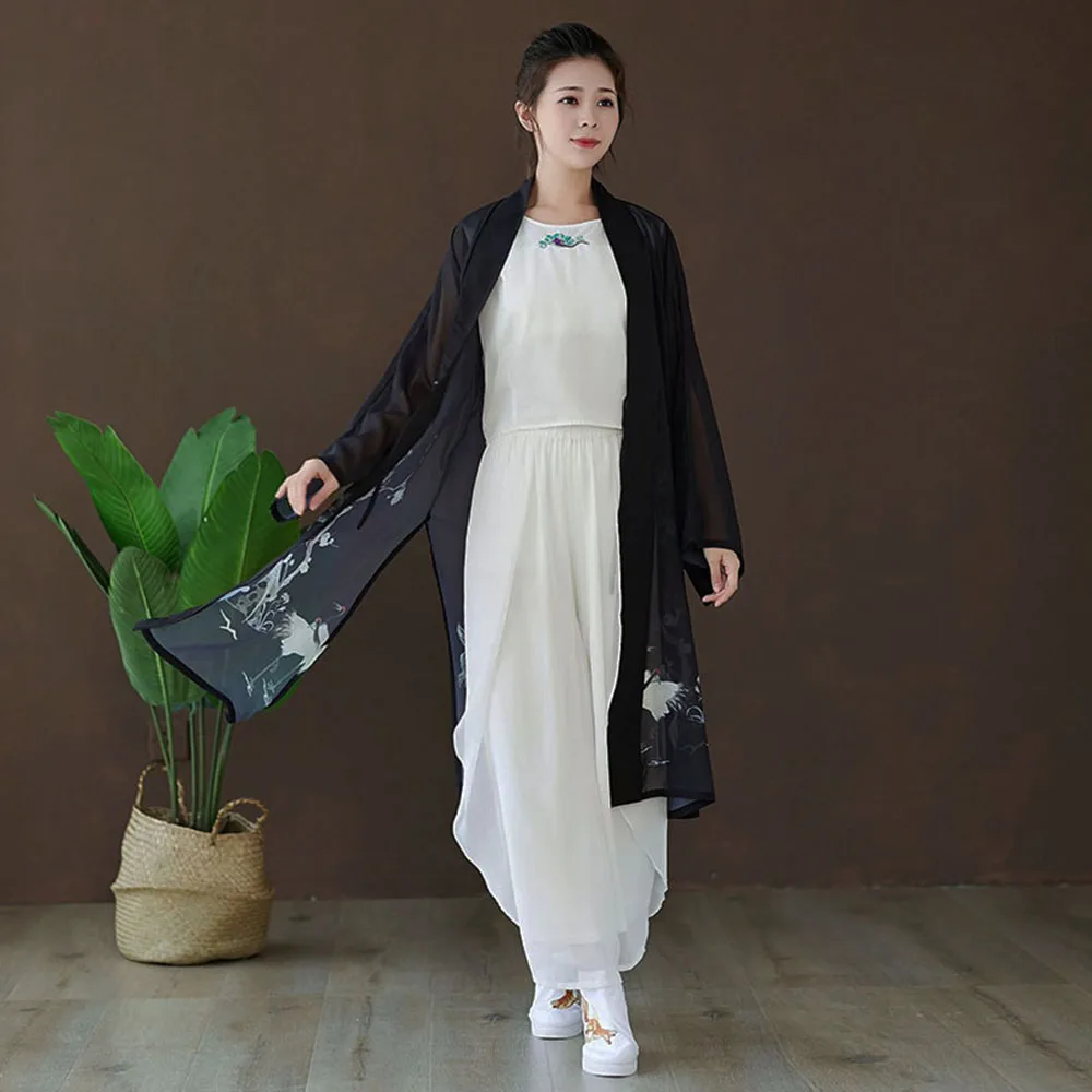 Guofeng Light Thin Open Front Lace-Up Hanfu Kimono Men Women With The Same Loose Chiffon Flower Bird Long Sunscreen Trench Coat