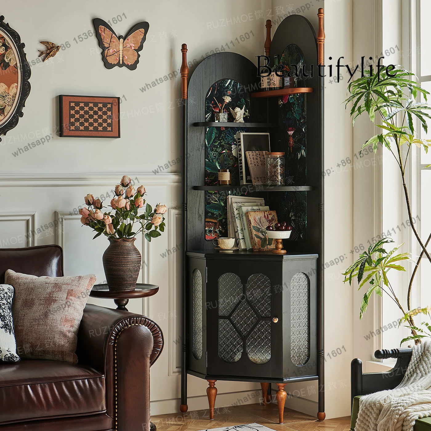 

French retro solid wood corner cabinet against the wall antique small apartment living room storage bookcase high-end