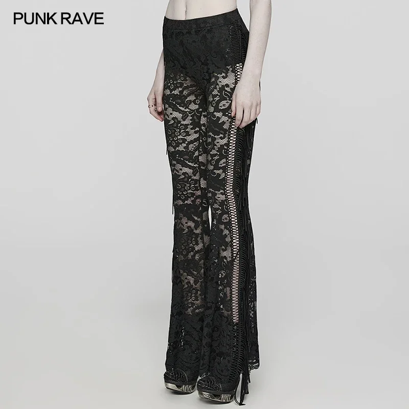 PUNK RAVE Women's Gothic Stretch Pattern Mesh Lace Trousers Sexy See-through Slim-fitting Flared Pants Spring/Summer 2 Colors