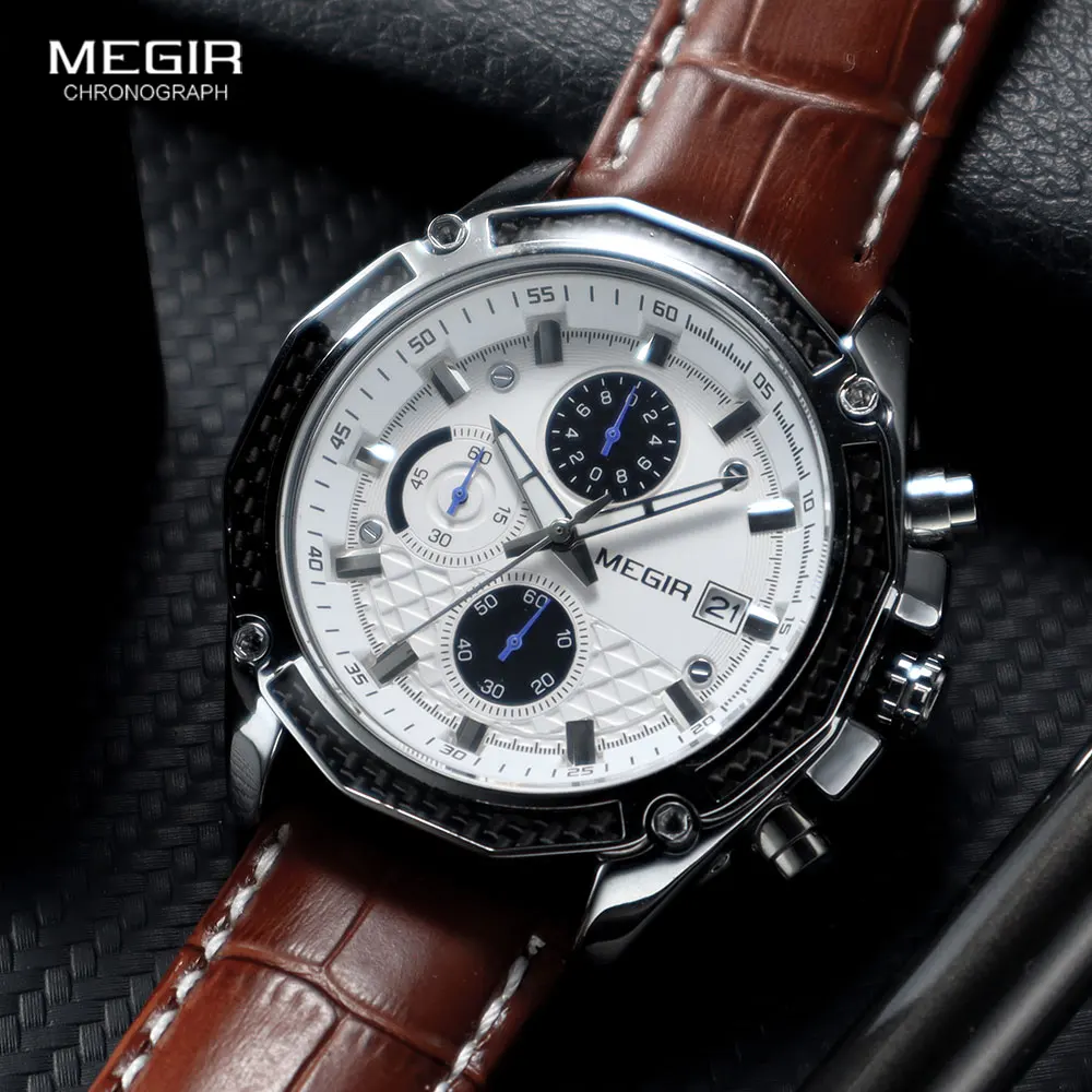 MEGIR-relojes de cuarzo de cuero genuino para hombre, cronógrafo de carreras para estudiantes, con manecillas luminosas, 2015G