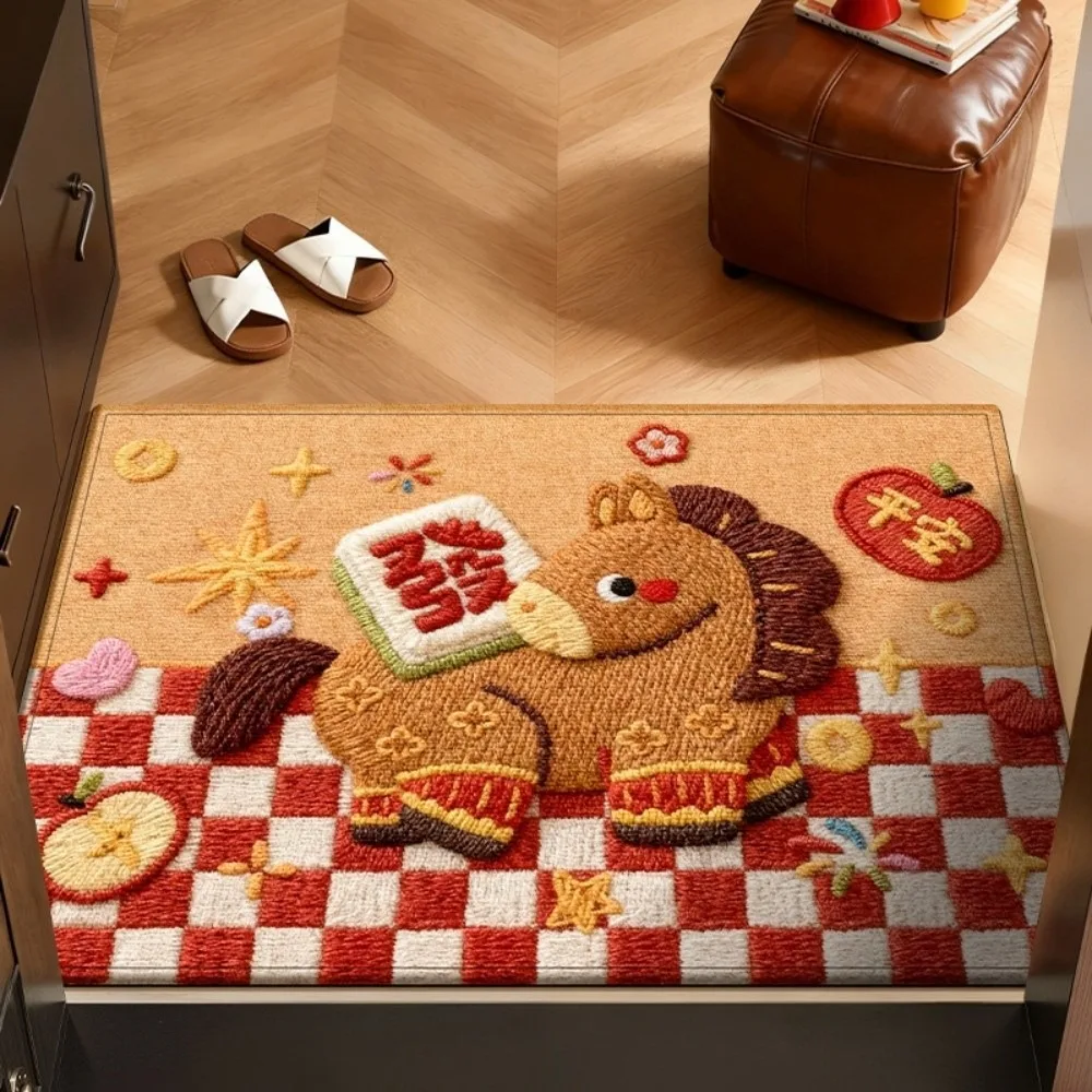 

Weaving Texture Horse Floor Mat Blessing Words Cartoon 2026 New Year Anti Slip Mat Quick Dry Convenient Pony Door Mat