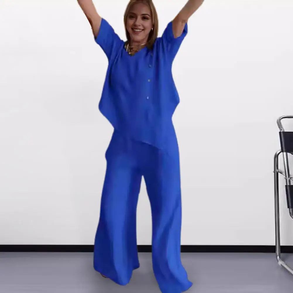 Solid Color Two-piece Set Stylish Women's V Neck Top Wide Leg Trousers Set with Adjustable Waist Casual Blouse for Fashionable