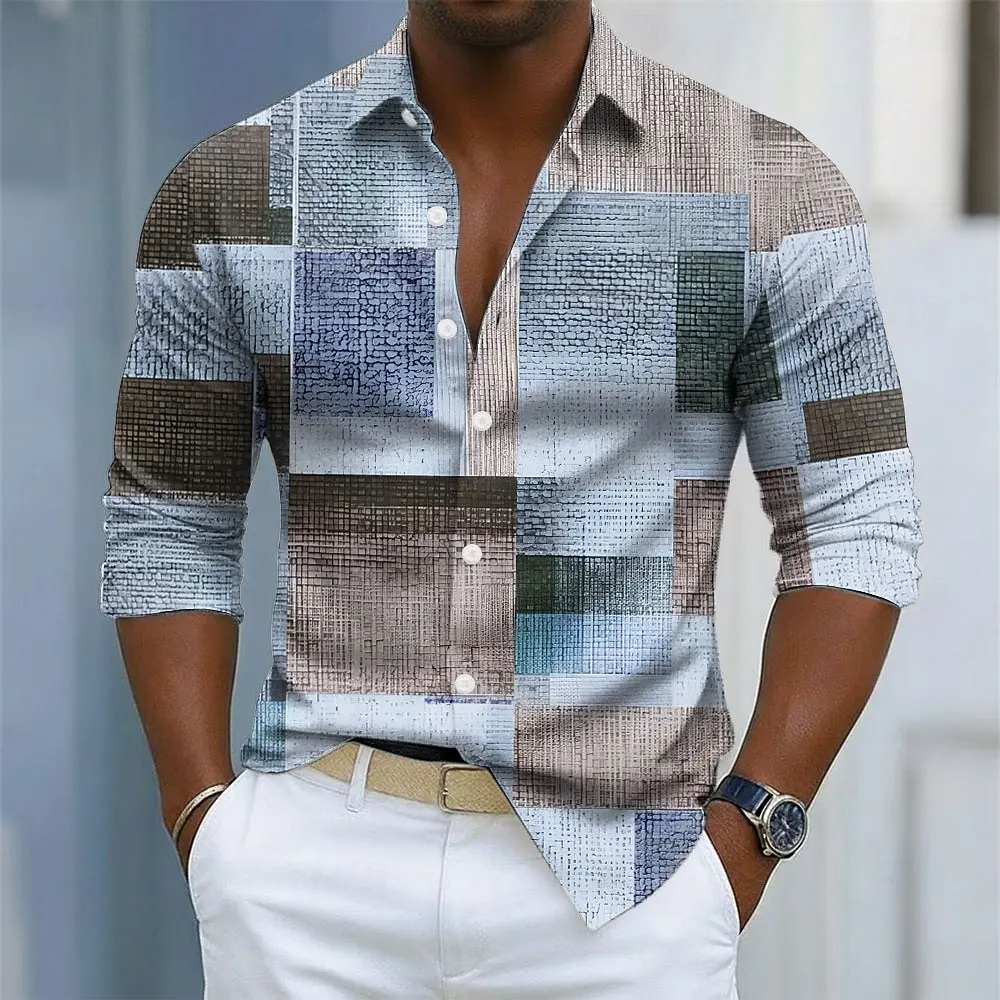 เสื้อเชิ้ตผู้ชายลายตารางเรขาคณิตสีสันสดใส แขนยาว แฟชั่นลำลอง สไตล์ฤดูใบไม้ร่วง พิมพ์ลาย 3 มิติ ปกเสื้อเชิ้ตติดกระดุม
