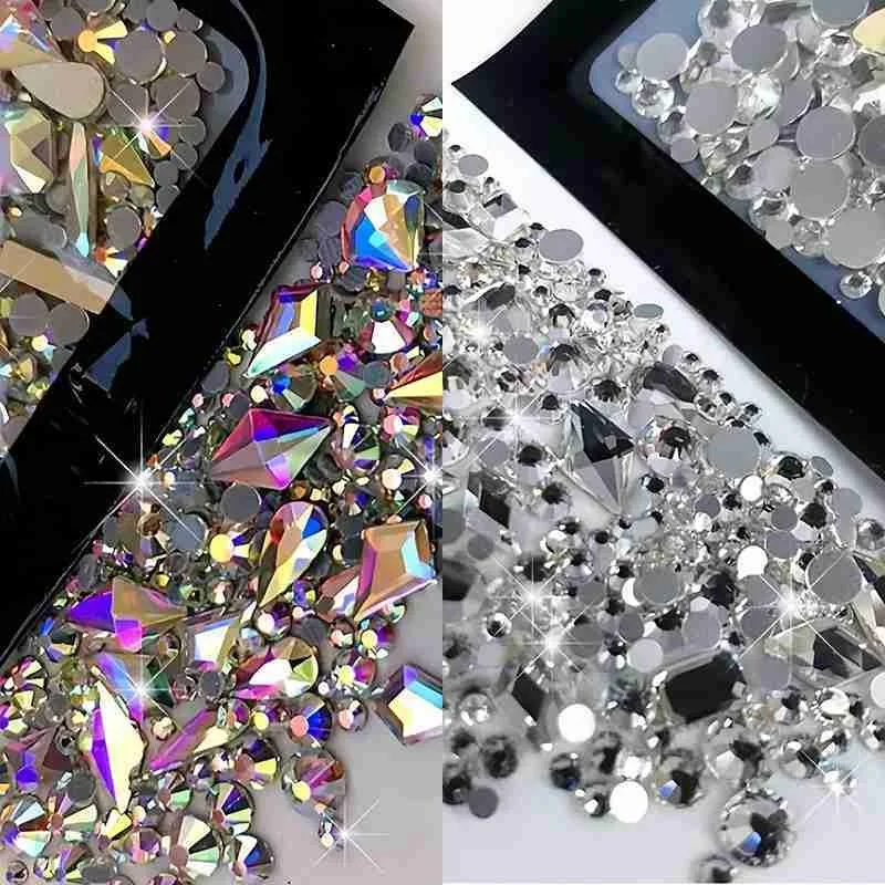 150 szt. Okrągłych, płaskich szklanych cyrkonii plus 20 szt. nieregularnych koralików do biżuterii DIY, dekoracji urody i zdobienia paznokci.