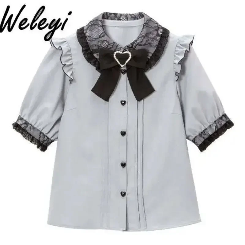 Jirai Kei Bowknot Shirts Feminino Women's Lolita White Top Summer Japanese Sweet Dream Cute Lace Doll Neck Short Sleeve Blouse