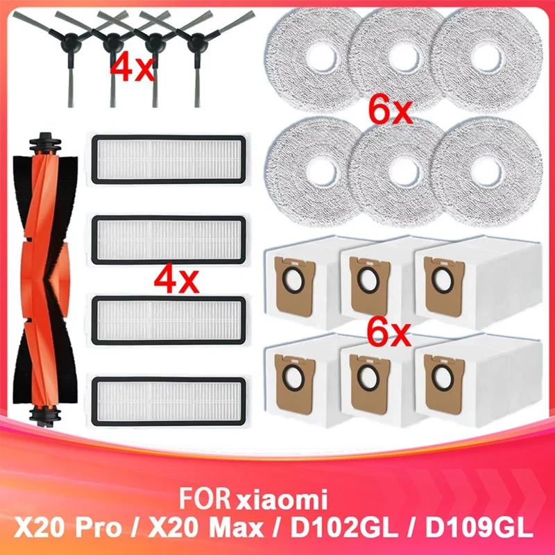 AA21-Dla Xiaomi Robot Vacuum X20 Pro / X20 Max / D102GL / D109GL Części zamienne Główna szczotka boczna Filtr Hepa Mop Pad Worek na kurz
